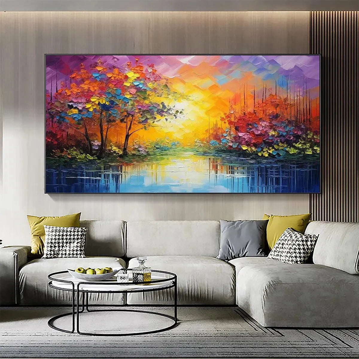 Vibrant impasto landscape painting integrating with modern living room decor, displayed above a grey sectional sofa.