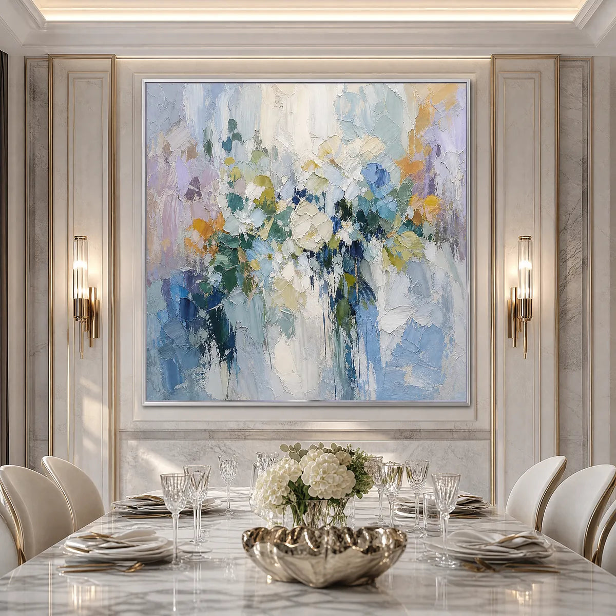 Ethereal Bloom abstract floral textured oil painting in blue, lavender and gold
