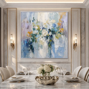 Ethereal Bloom abstract floral textured oil painting in blue, lavender and gold