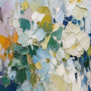 Ethereal Bloom abstract floral textured oil painting in blue, green and cream impasto