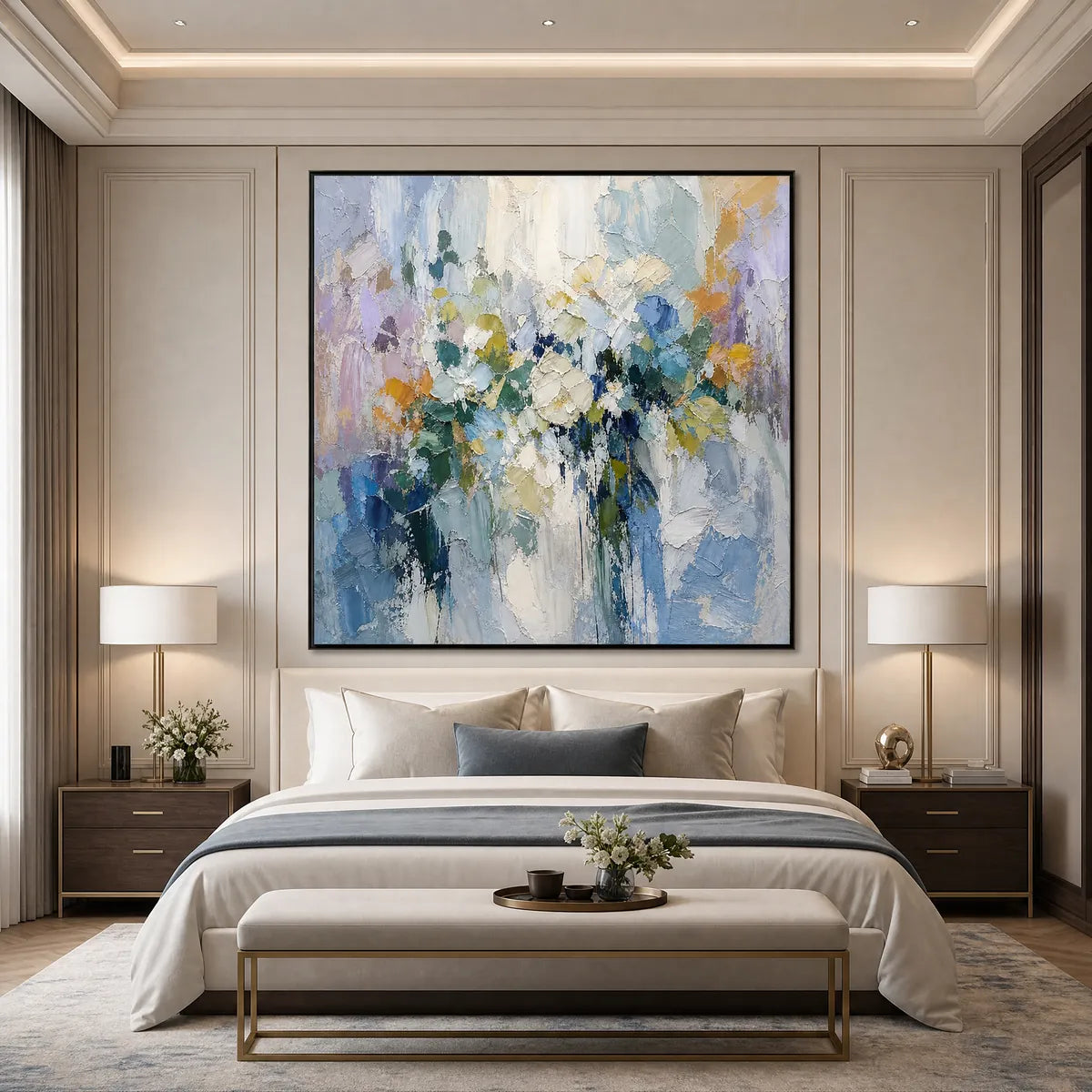 Textured abstract floral oil painting in blue, lavender, green, and yellow above a bedroom bed