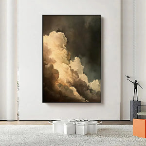 Liam O'Connell 'Evening Clouds' vertical cloudscape painting, warm tones, textured brushstrokes, wall art.