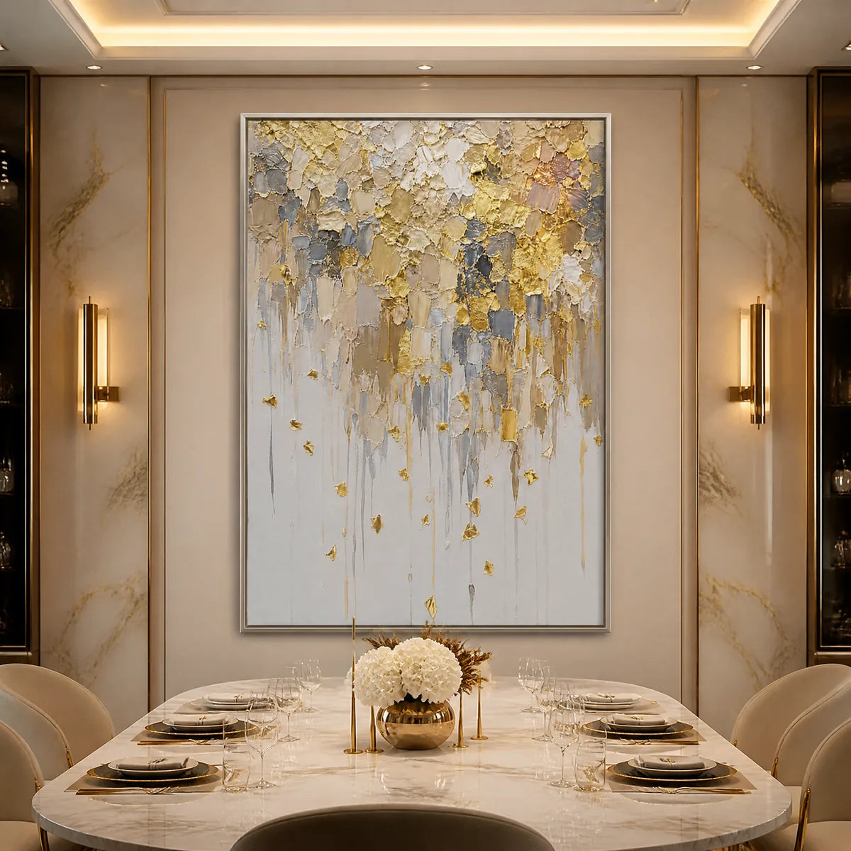 FALLING GOLD: Gold Leaf Drip Abstract Painting