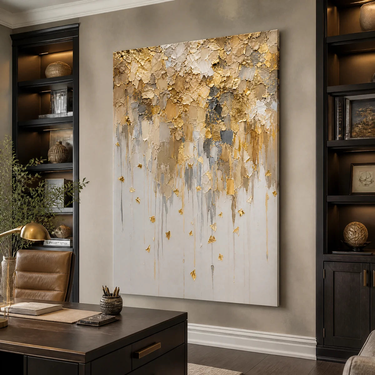 Gold leaf drip abstract painting with textured white, gray and gold finish displayed in a modern office.