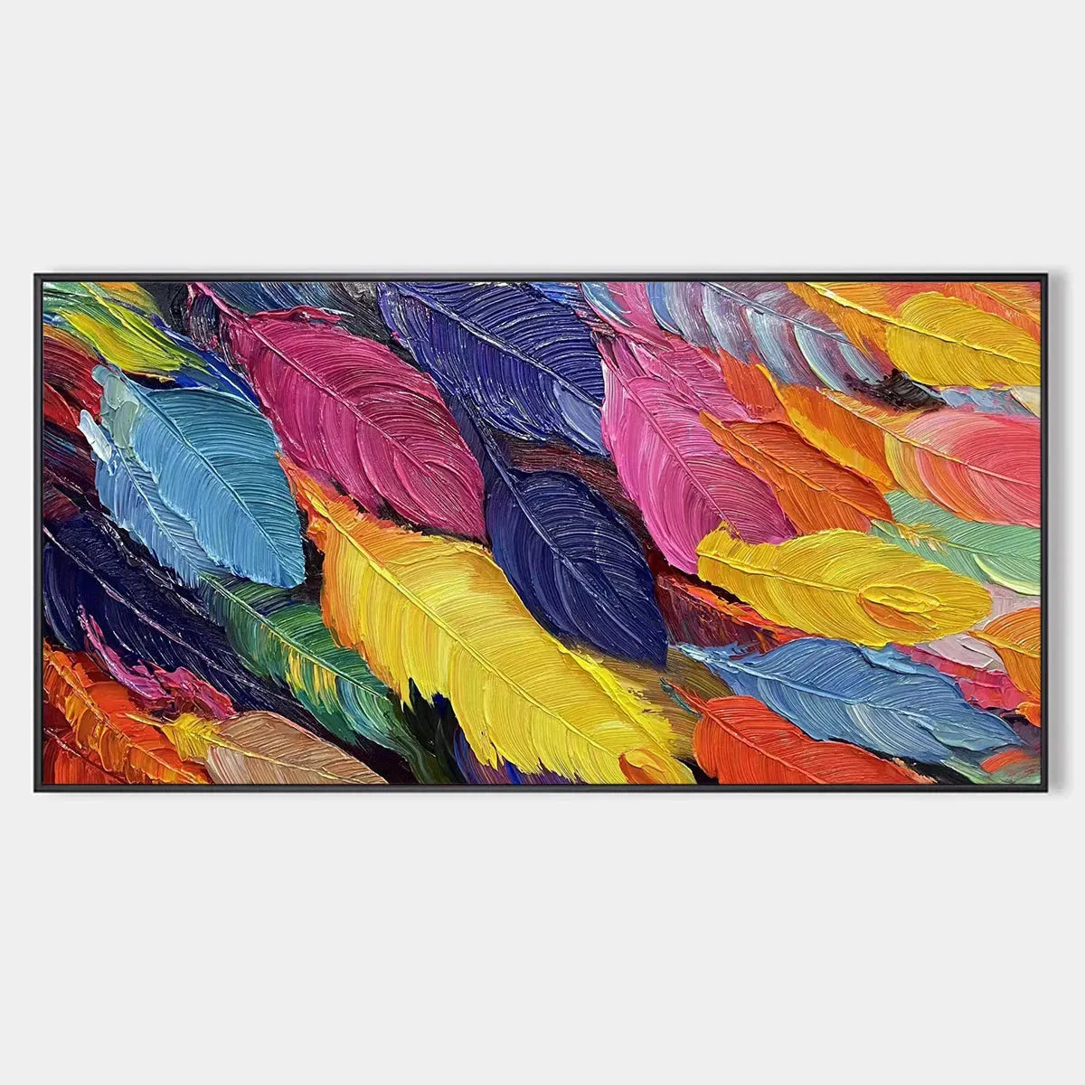 Horizontal Abstract Painting with Colorful Feathers, Textured Impasto, Modern Wall Art