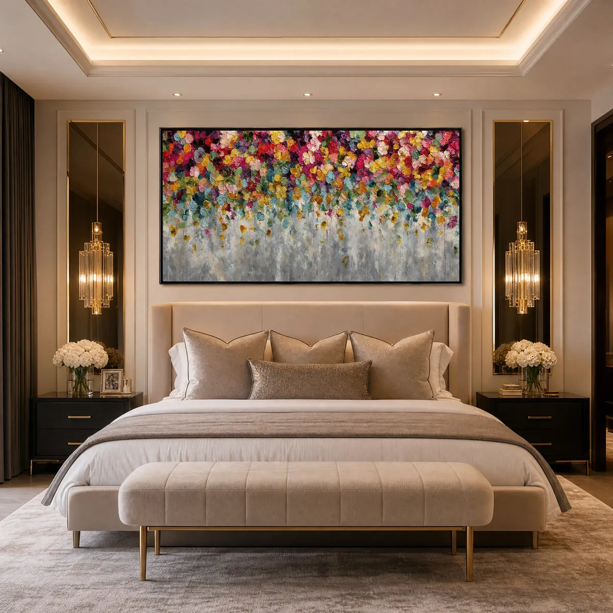 Colorful abstract floral impasto wall art above a luxury beige bed in a modern bedroom