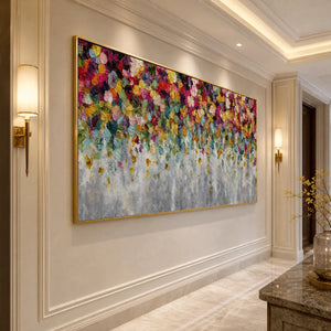 Colorful abstract floral impasto painting in gold frame, modern wall art for luxury interior