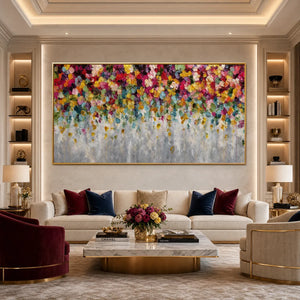 Colorful abstract floral impasto painting with pink, yellow, blue and green petals