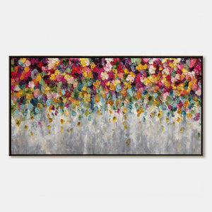 Colorful abstract floral impasto painting on gray background