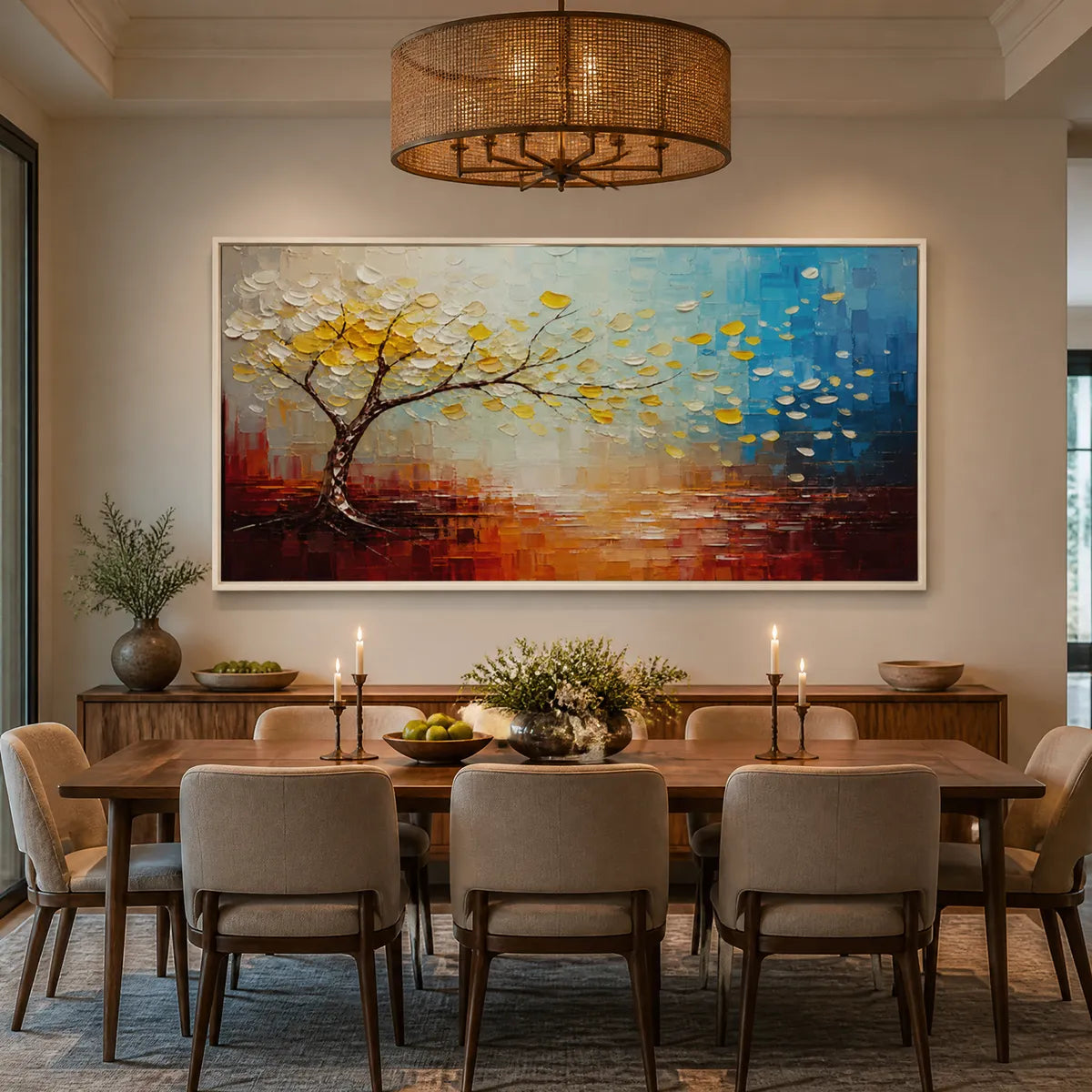 Festival Tree colorful oil painting wall art with gold leaves and blue water in a white frame displayed in a refined dining room.