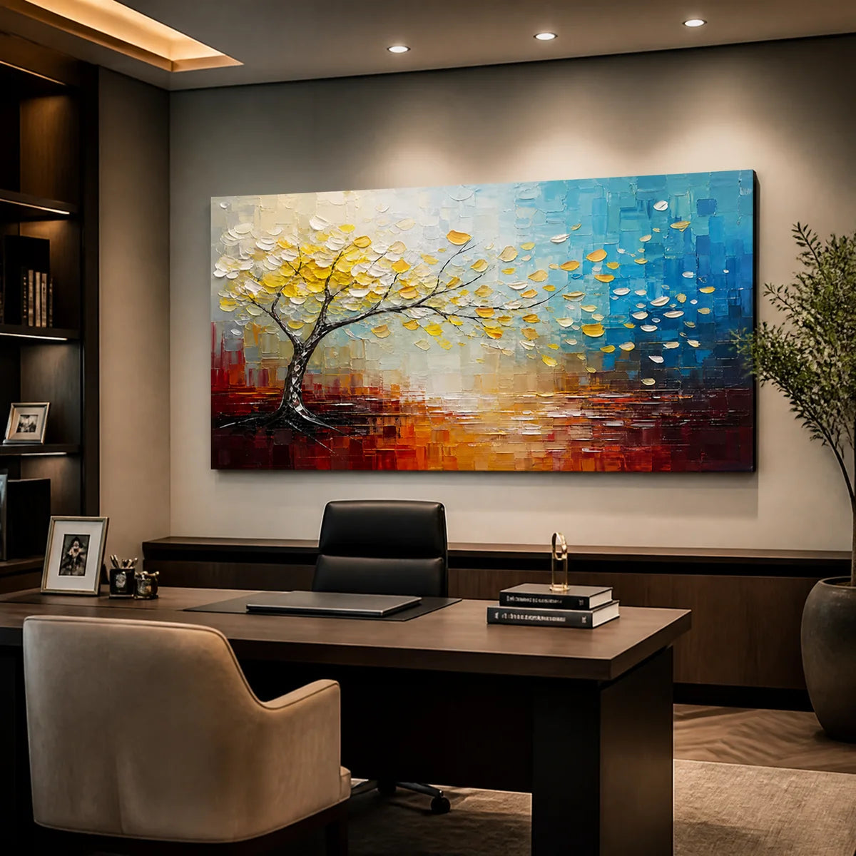 Colorful tree by water abstract wall art, handmade oil painting, blue and gold tones in a modern office.