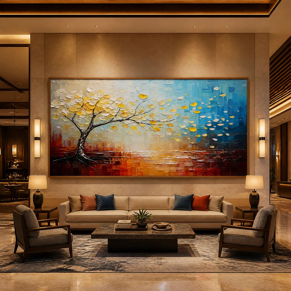 Festival Tree colorful oil painting wall art with gold leaves and blue water in a wood frame displayed in a luxury hotel lobby.