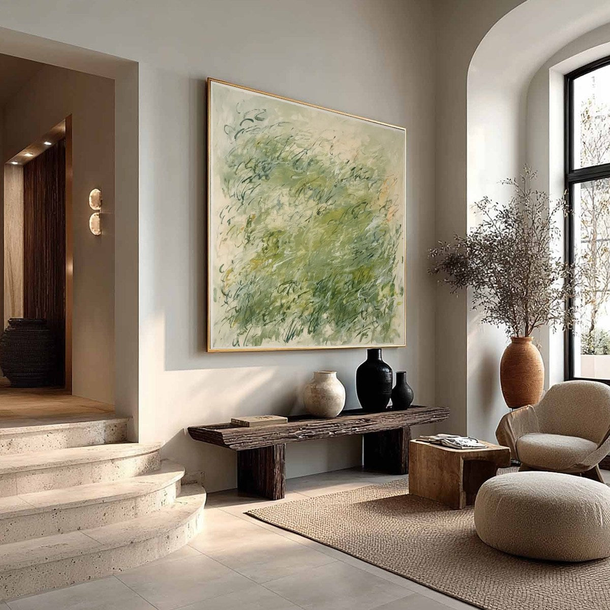 FIELD BREEZE: Minimalist Abstract Green Landscape Oil Painting