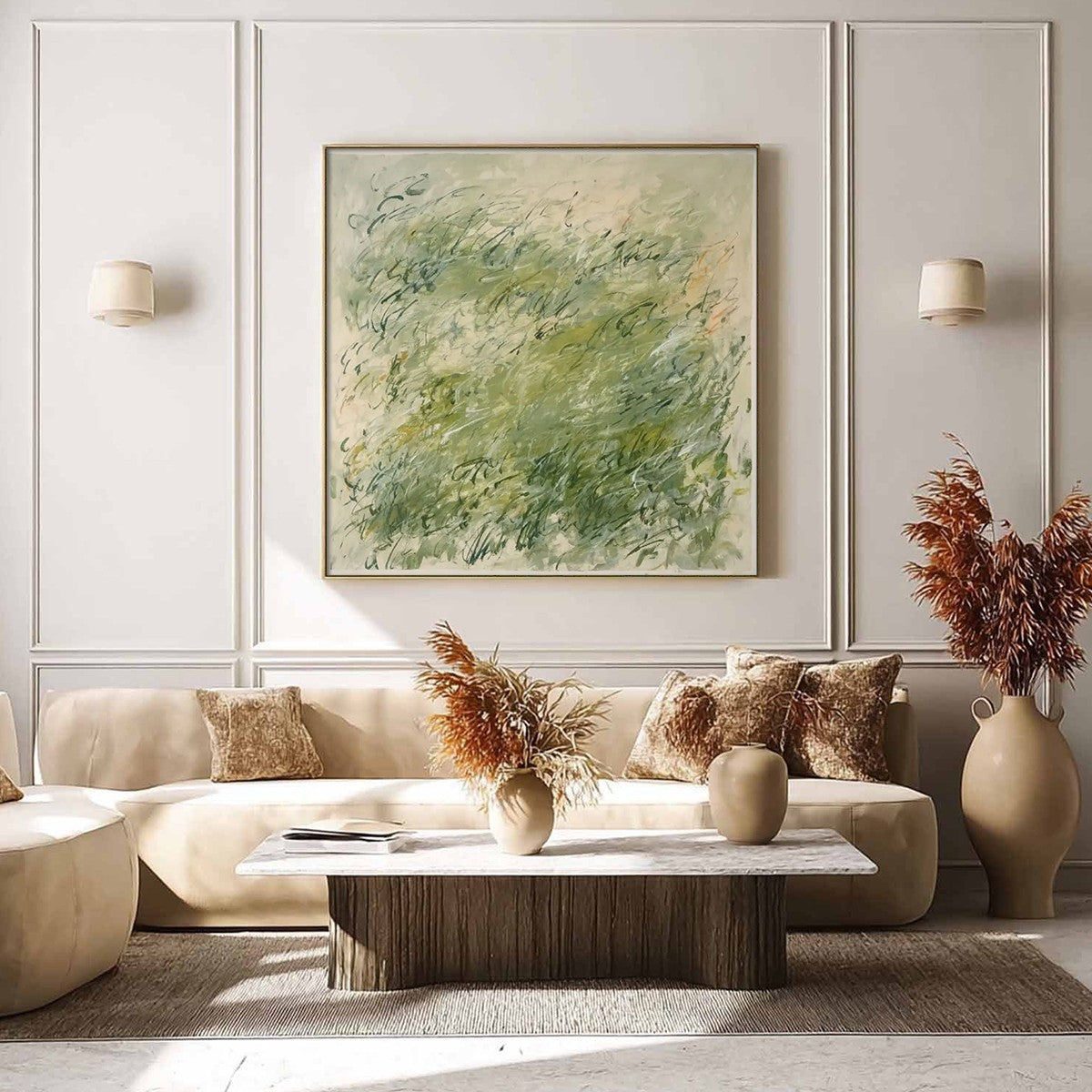 FIELD BREEZE: Minimalist Abstract Green Landscape Oil Painting