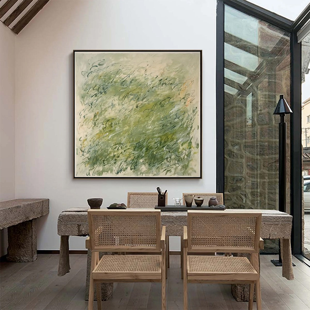 FIELD BREEZE: Minimalist Abstract Green Landscape Oil Painting