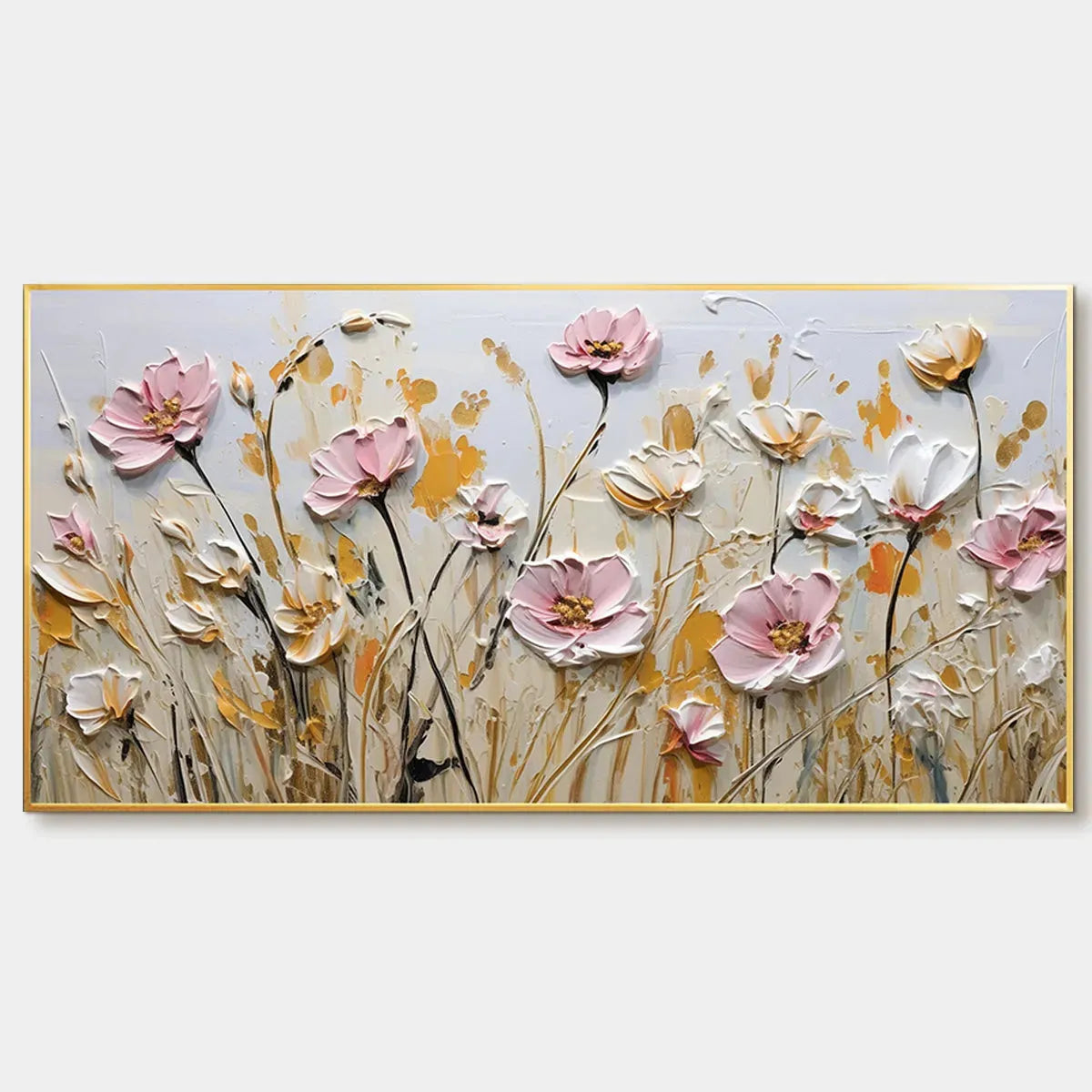 Horizontal Impasto Painting of Pink and White Flowers, Golden Field, Textured Wall Art