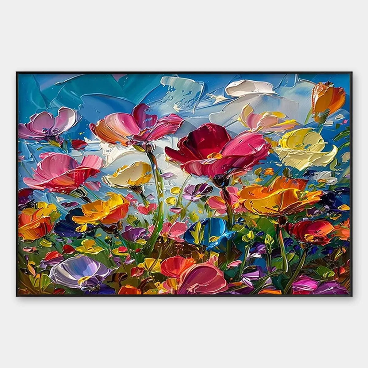 Textured Floral Painting, Impasto Wall Art, Horizontal Canvas, Wildflower Decor