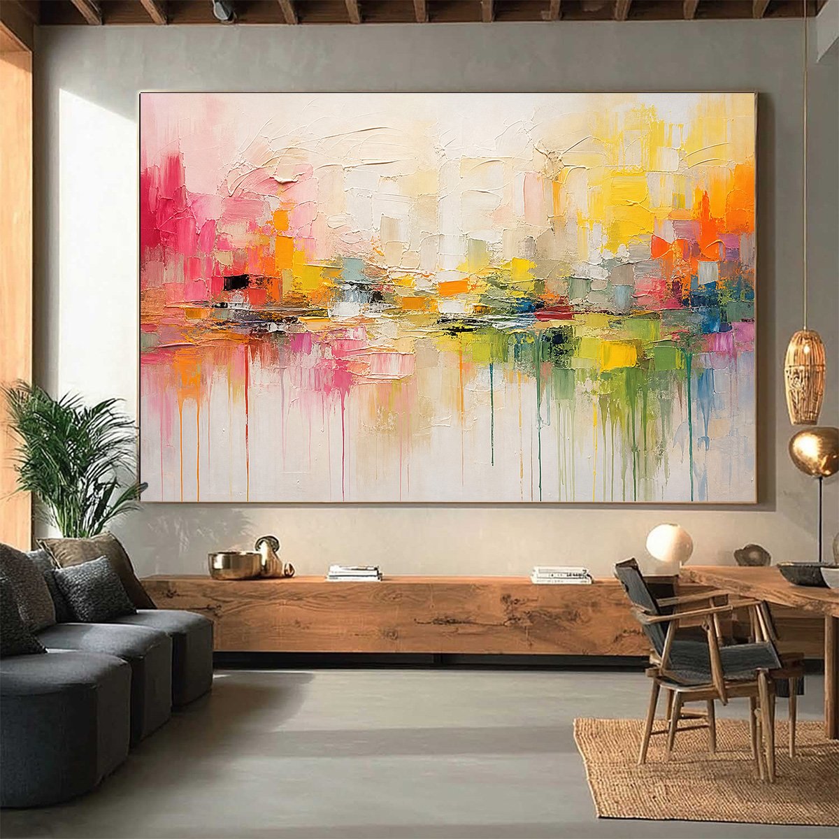 FIRST LIGHT: Colorful Textured Abstract Cityscape Reflection Oil Painting