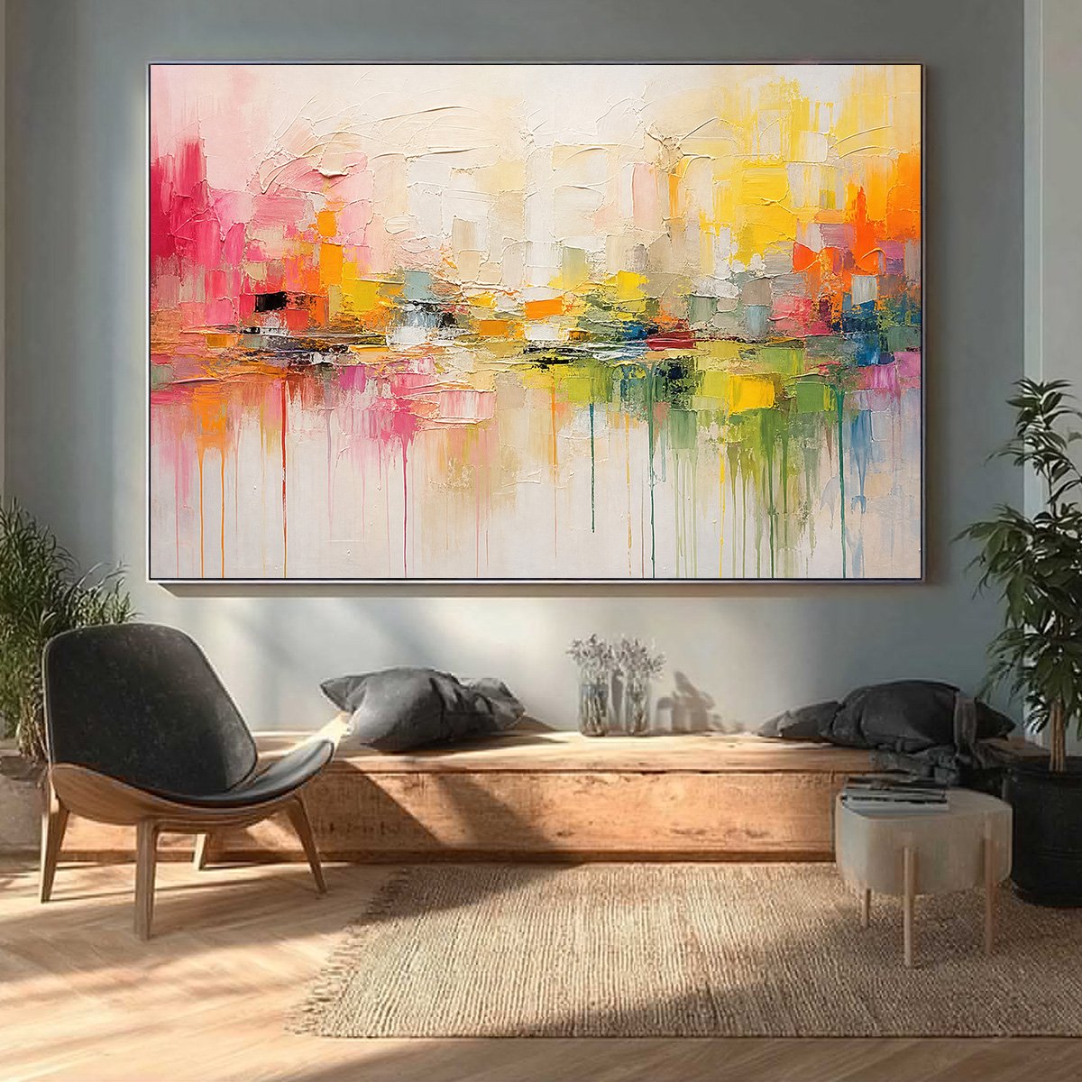 FIRST LIGHT: Colorful Textured Abstract Cityscape Reflection Oil Painting