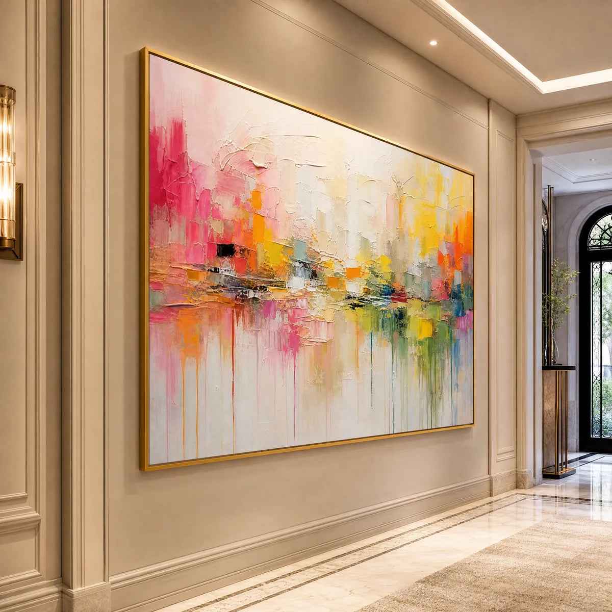 Colorful textured abstract cityscape oil painting with pink, yellow and green impasto