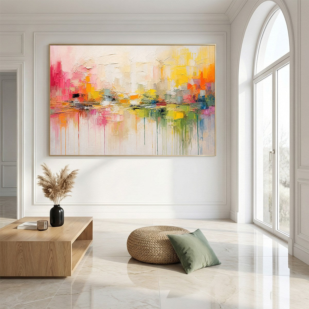 FIRST LIGHT: Colorful Textured Abstract Cityscape Reflection Oil Painting