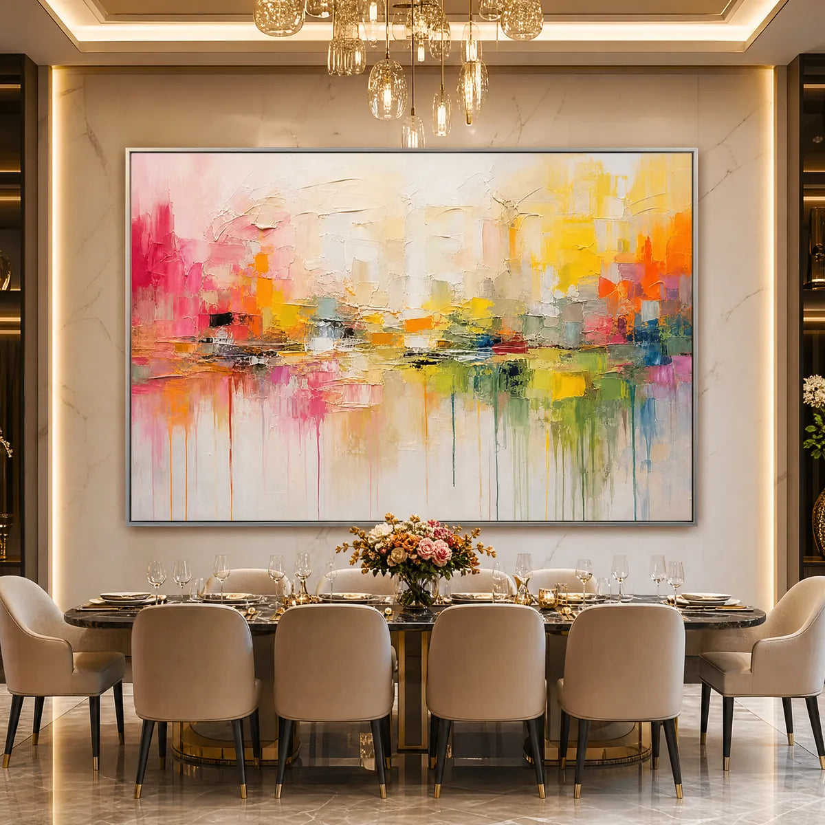 Colorful textured abstract cityscape oil painting with pink, yellow and green impasto drips