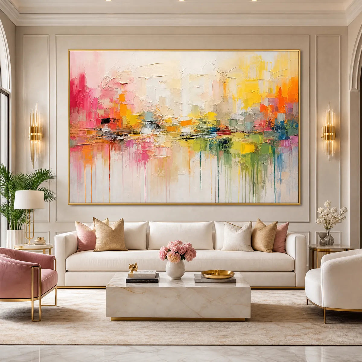 Colorful textured abstract cityscape reflection oil painting in gold frame