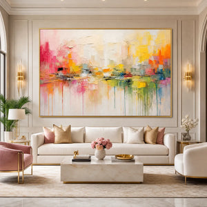 Colorful textured abstract cityscape reflection oil painting in gold frame