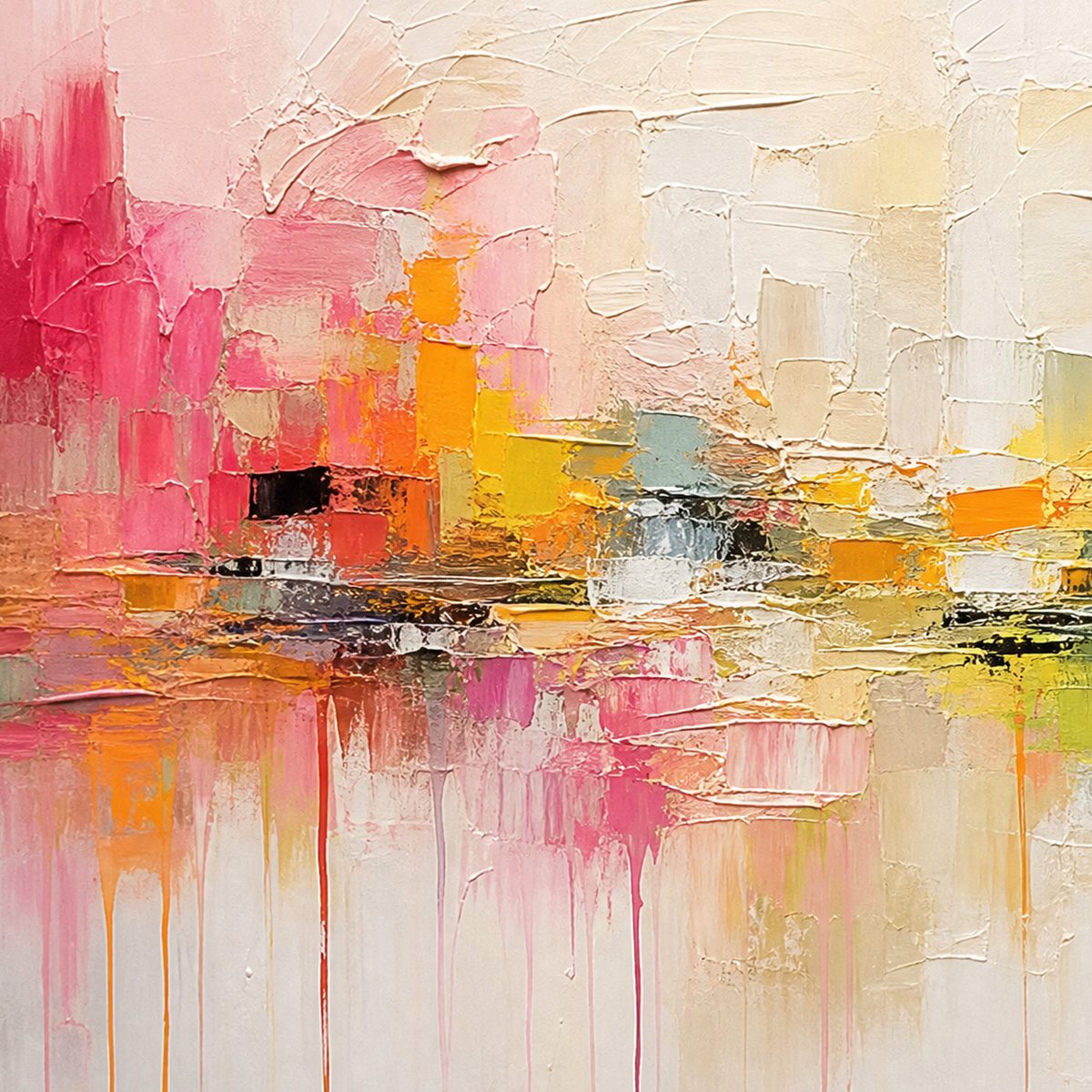 FIRST LIGHT: Colorful Textured Abstract Cityscape Reflection Oil Painting