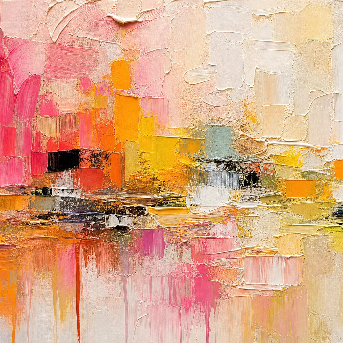 Textured abstract cityscape oil painting in pink, yellow, white, and black impasto