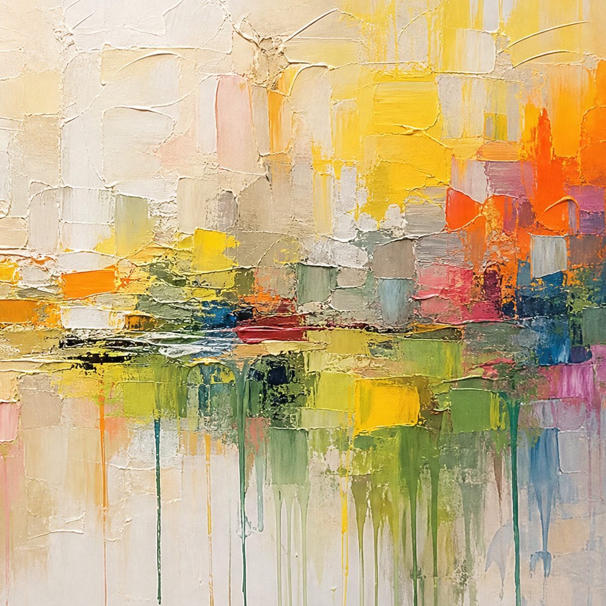 FIRST LIGHT: Colorful Textured Abstract Cityscape Reflection Oil Painting