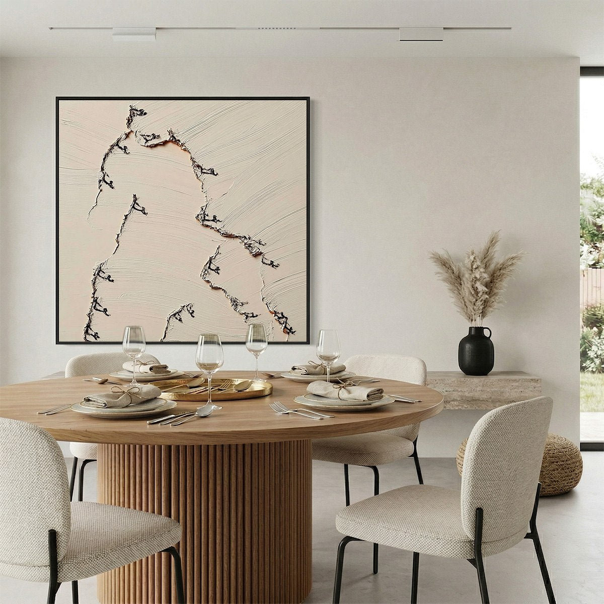 Textured abstract original painting 'Fissure' in beige with dark cracks, Wabi Sabi modern wall art.