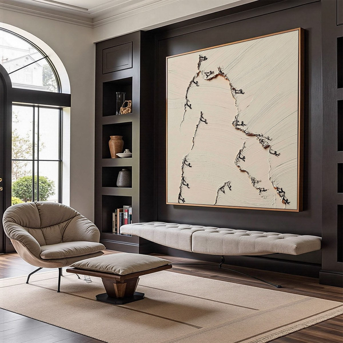 Original textured beige Wabi Sabi abstract painting "Fissure", modern wall art with dark cracks.