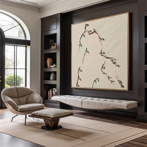 Original textured beige Wabi Sabi abstract painting "Fissure", modern wall art with dark cracks.
