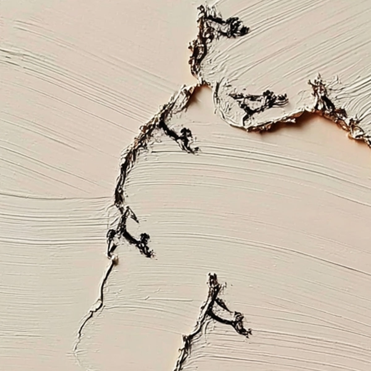 Fissure: Handmade textured abstract art, beige with dark sculpted cracks.