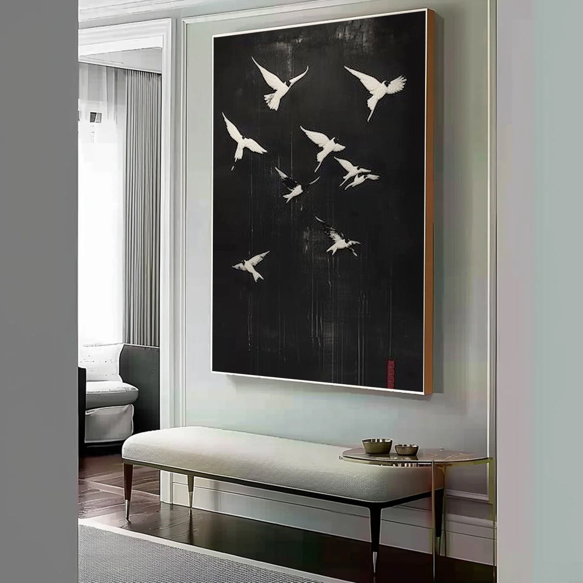 FLIGHT OF DREAMS: Minimalist Birds on Black Oil Painting