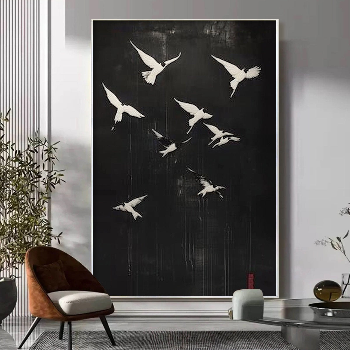 FLIGHT OF DREAMS: Minimalist Birds on Black Oil Painting
