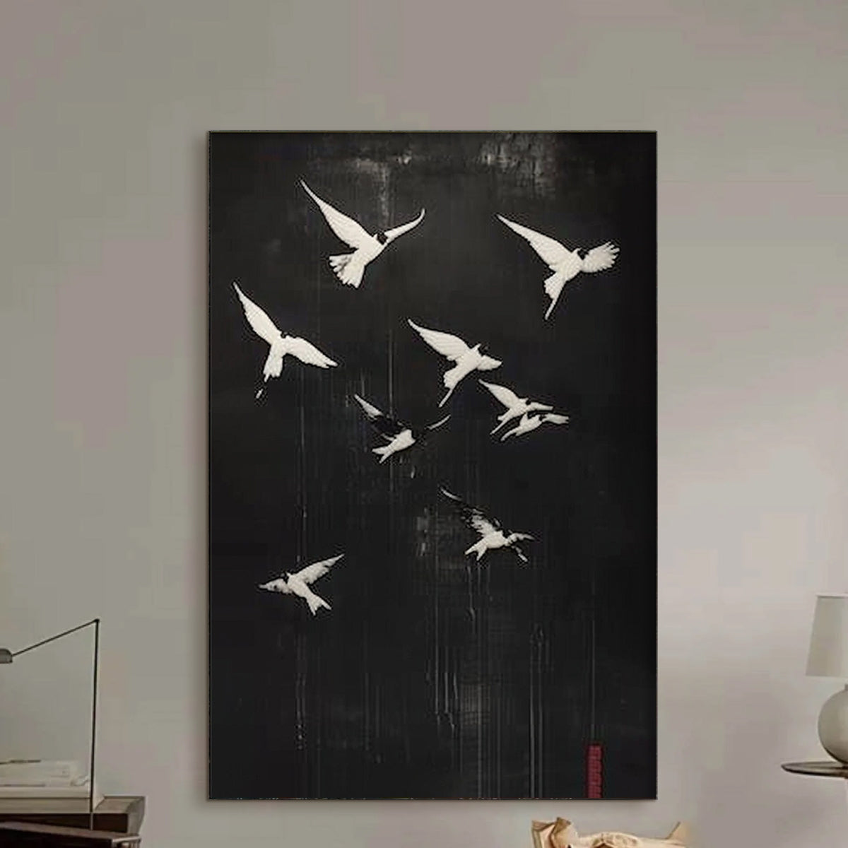FLIGHT OF DREAMS: Minimalist Birds on Black Oil Painting