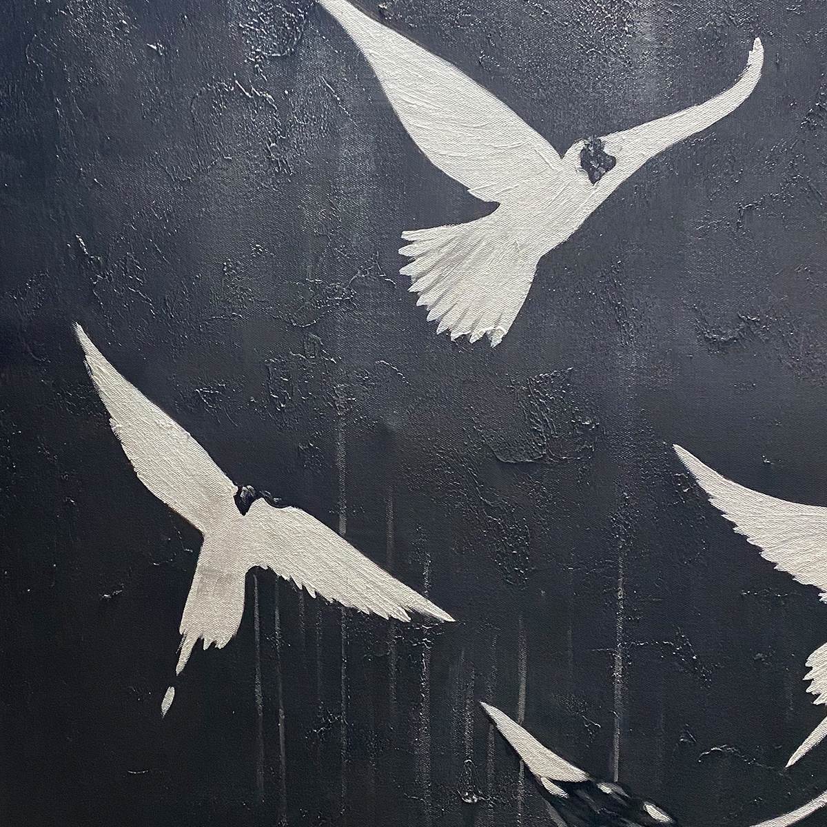 FLIGHT OF DREAMS: Minimalist Birds on Black Oil Painting