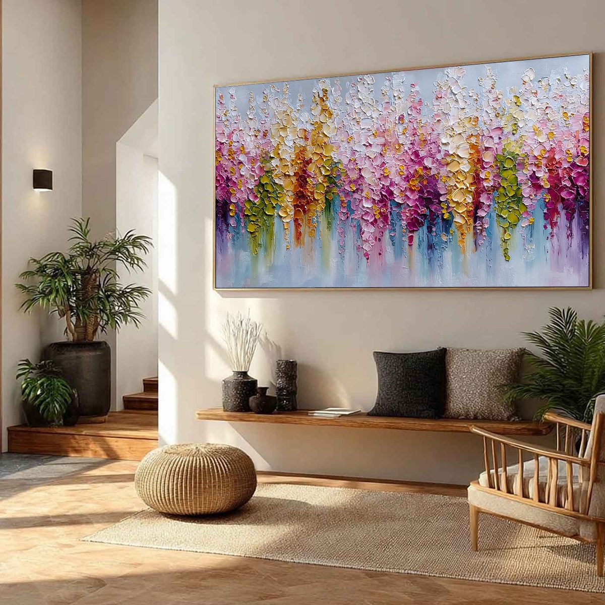FLORAL CASCADE: Colorful Abstract Floral Impasto Palette Knife Painting