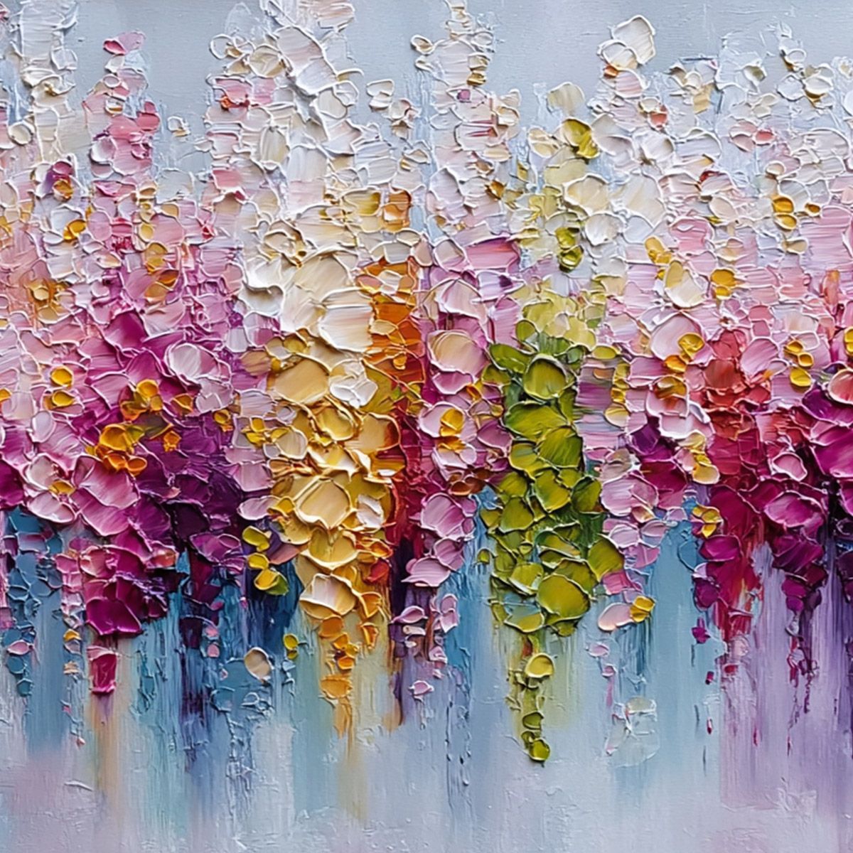 FLORAL CASCADE: Colorful Abstract Floral Impasto Palette Knife Painting