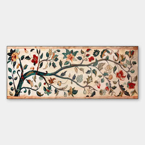 Panoramic tapestry wall art featuring a flowering branch with red, peach, and blue flowers on a cream background.