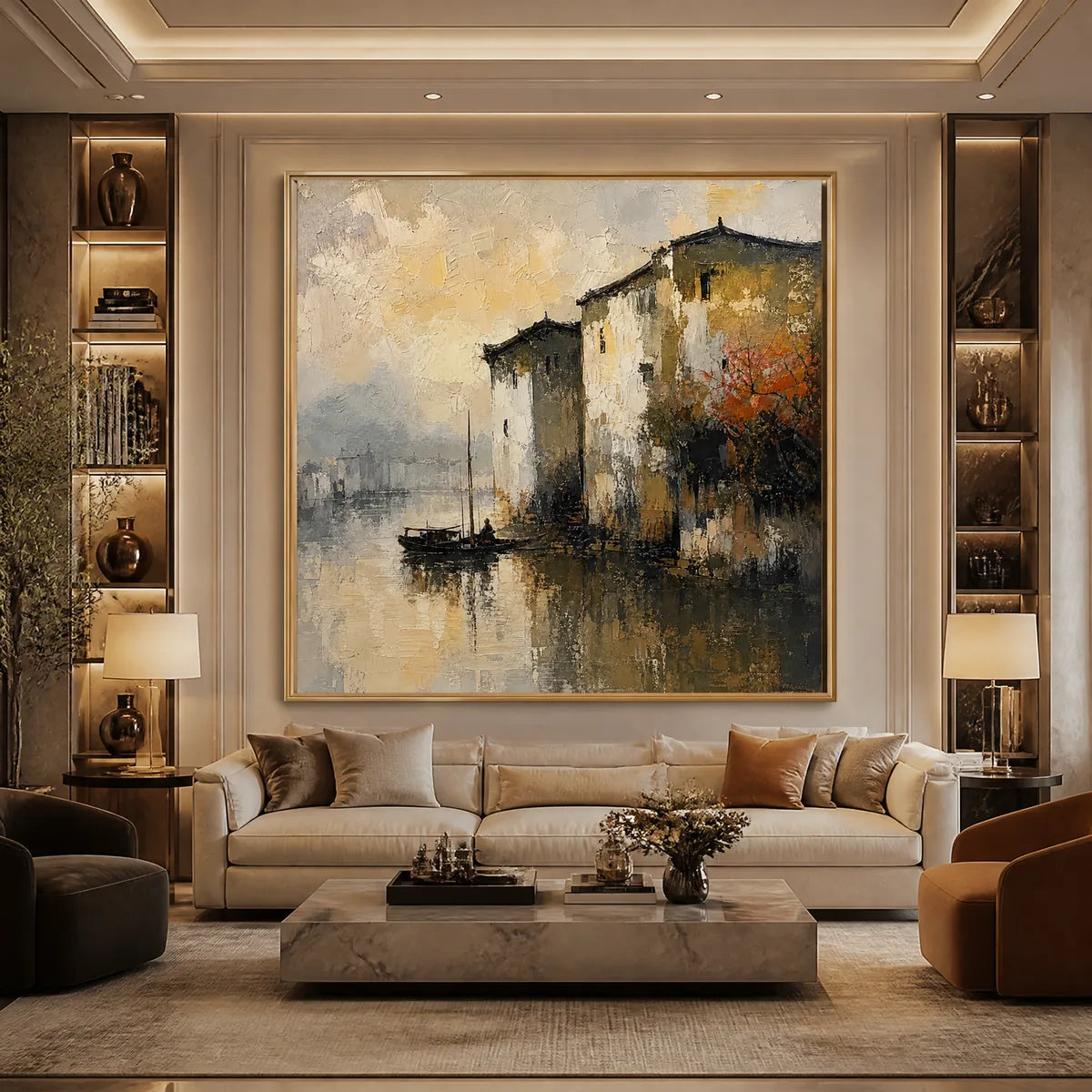FOGBOUND CANAL: Misty European Cityscape Painting