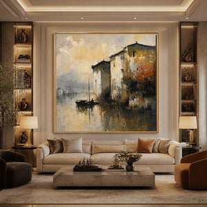 FOGBOUND CANAL: Misty European Cityscape Painting