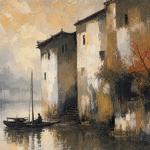 FOGBOUND CANAL: Misty European Cityscape Painting
