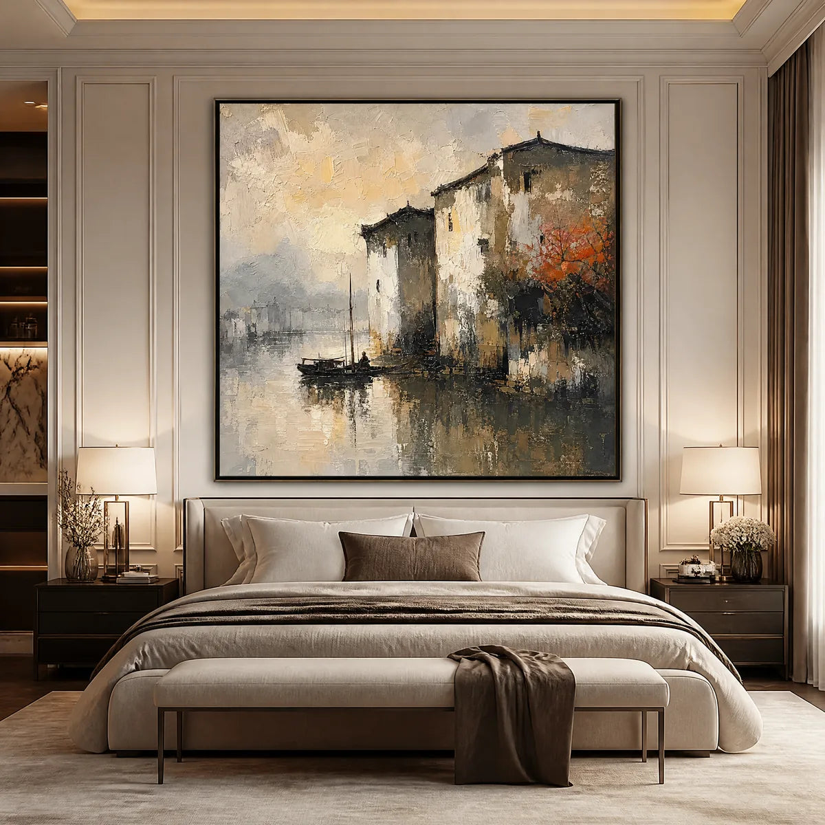FOGBOUND CANAL: Misty European Cityscape Painting