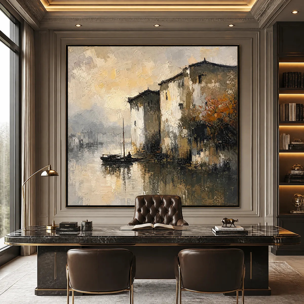 FOGBOUND CANAL: Misty European Cityscape Painting