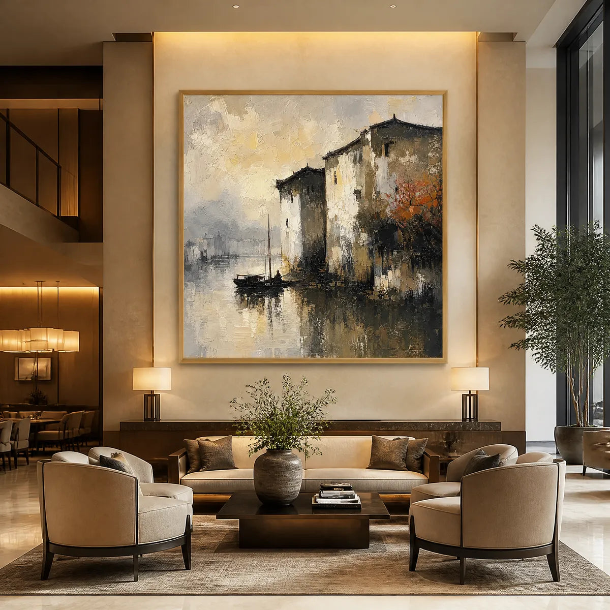 Fogbound Canal original oil painting of a misty European waterside cityscape in a wood frame displayed in a luxury hotel lobby.