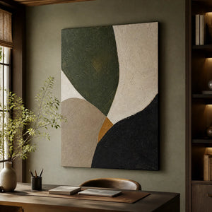 Organic abstract wall art with green, black, beige and white textured forms in a modern office.