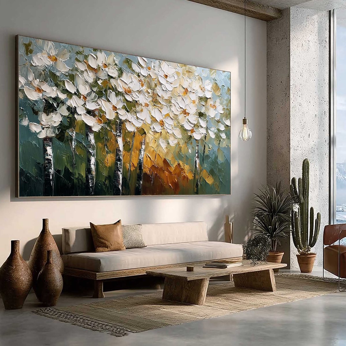 FOREST OF LIGHT: Heavily Textured Palette Knife Birch Tree Forest Painting